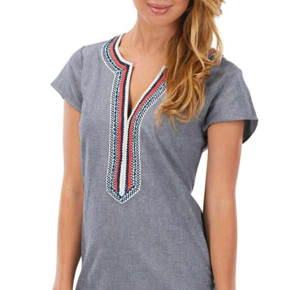 MUDPIE EMBROIDERED CHAMBRAY SHIFT - Picture 2 of 5